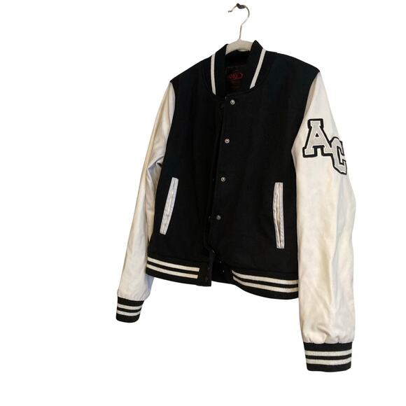 Yoki Blue White Faux Leather Preppy AC Patch Lightweight Varsity Jacket Sz Small - Picture 16 of 16